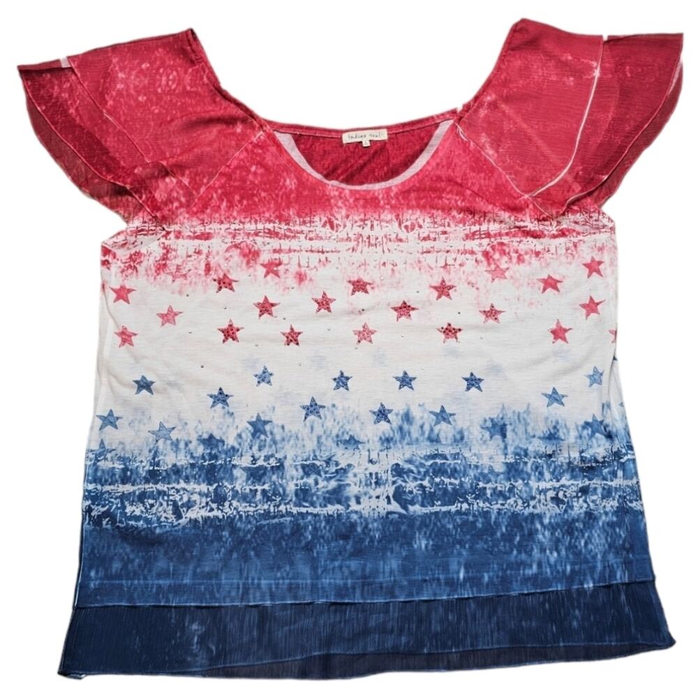 Indigo Soul Red, White, and Blue Patriotic America Flutter Sleeve Shirt Large